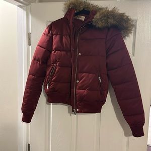 Zara Maroon Winter Fur Lined Hooded Coat